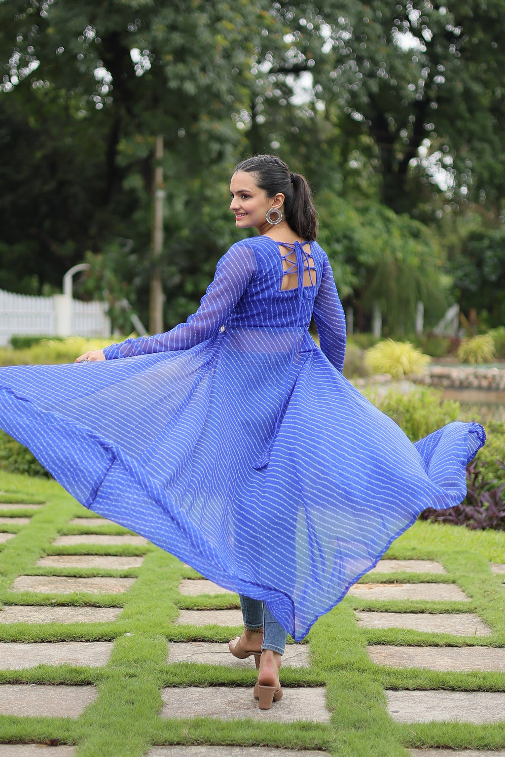 Jyoti Fashion Women's Blue Faux Georgette Leheriya Print with Kutchi Patchwork Ethnic Kurta