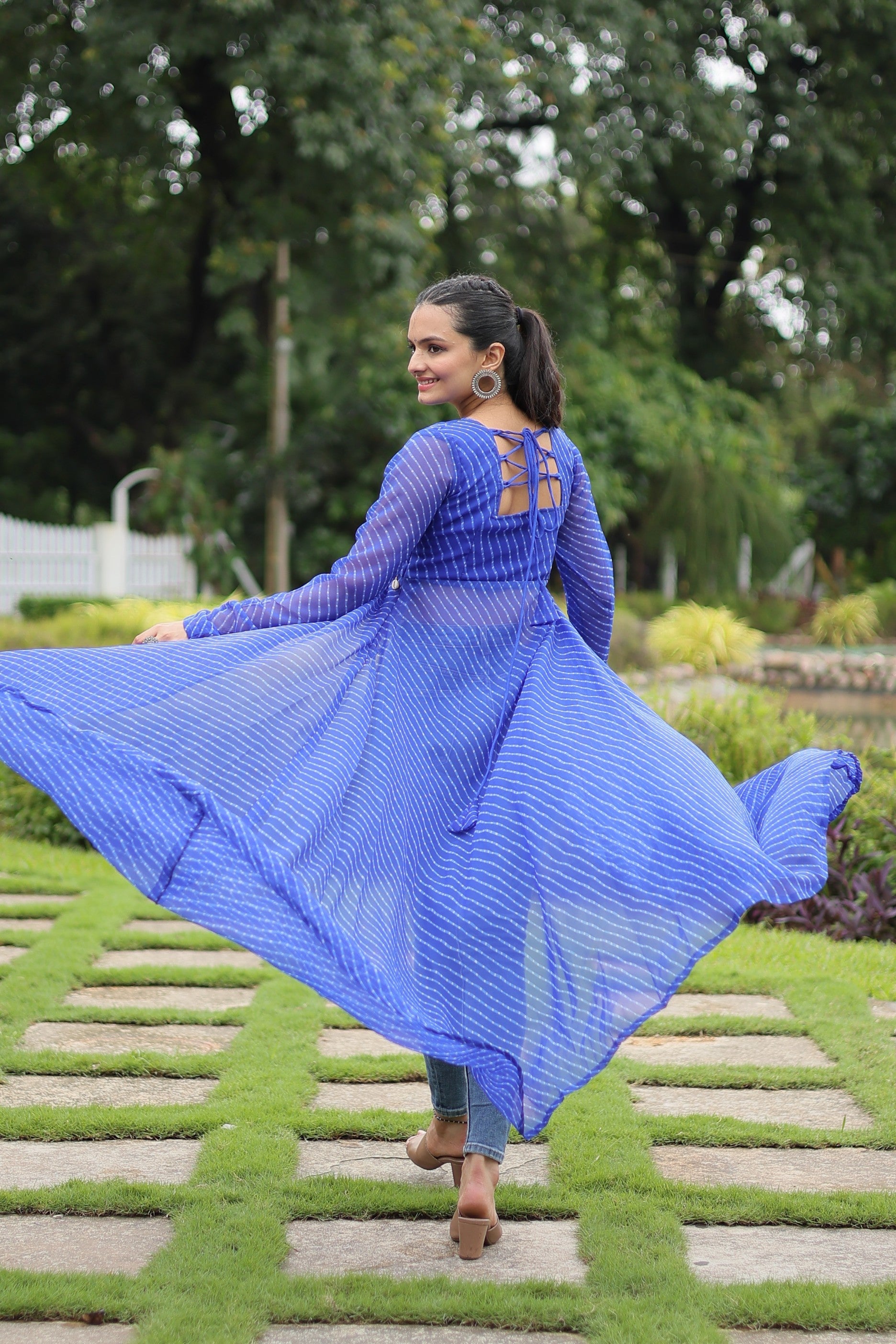 Jyoti Fashion Women's Blue Faux Georgette Leheriya Print with Kutchi Patchwork Ethnic Kurta