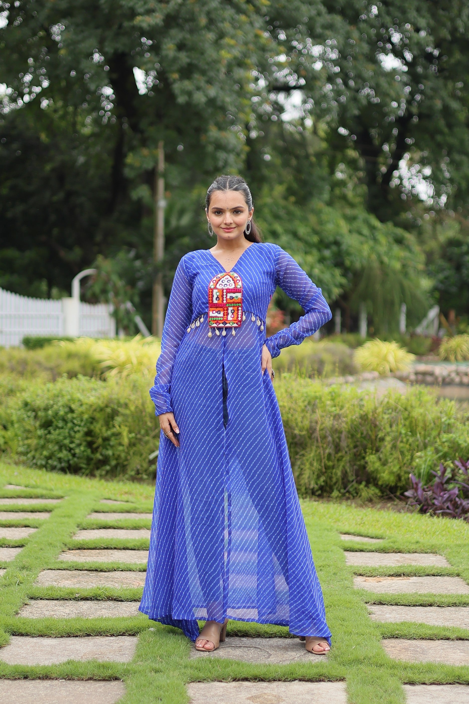 Jyoti Fashion Women's Blue Faux Georgette Leheriya Print with Kutchi Patchwork Ethnic Kurta