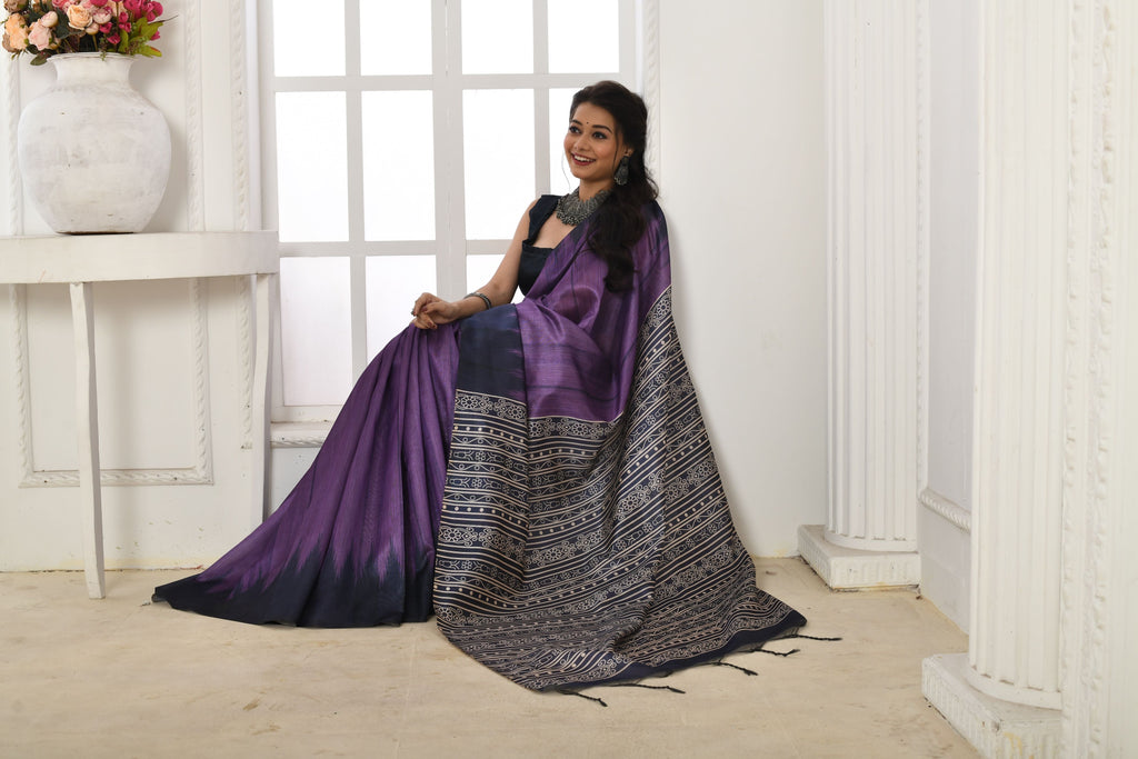 Jyoti Fashion Women's Purple Soft Tussar Silk Printed Temple Border Traditional Saree with Blouse