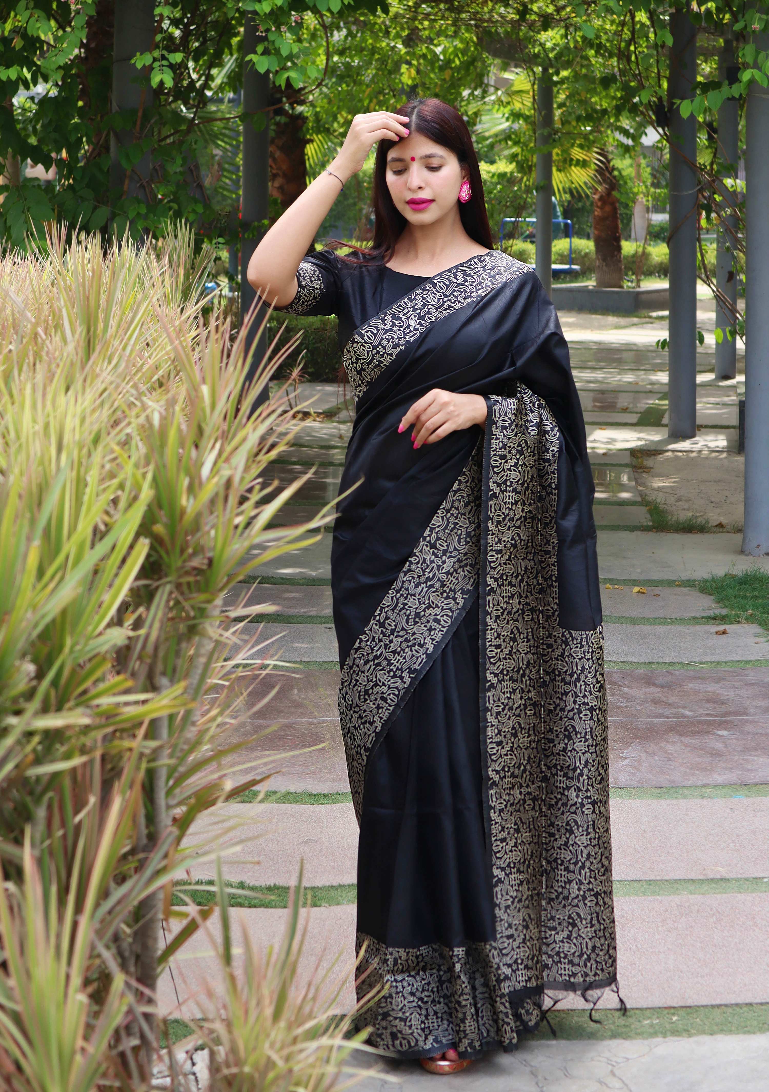 Jyoti Fashion Women's Black Handloom Raw Silk Printed Border Traditional Saree with Blouse