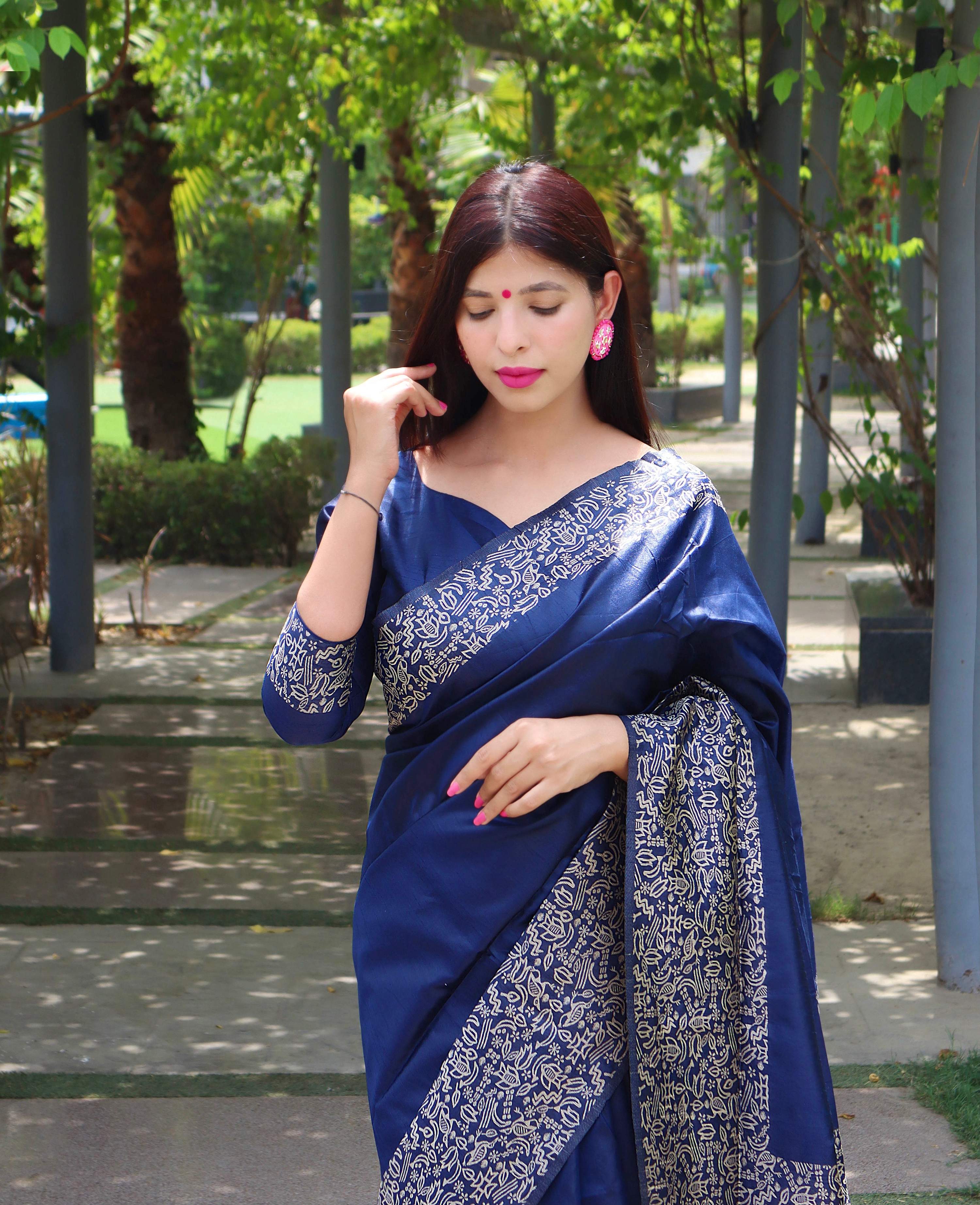 Jyoti Fashion Women's Blue Handloom Raw Silk Printed Border Traditional Saree with Blouse