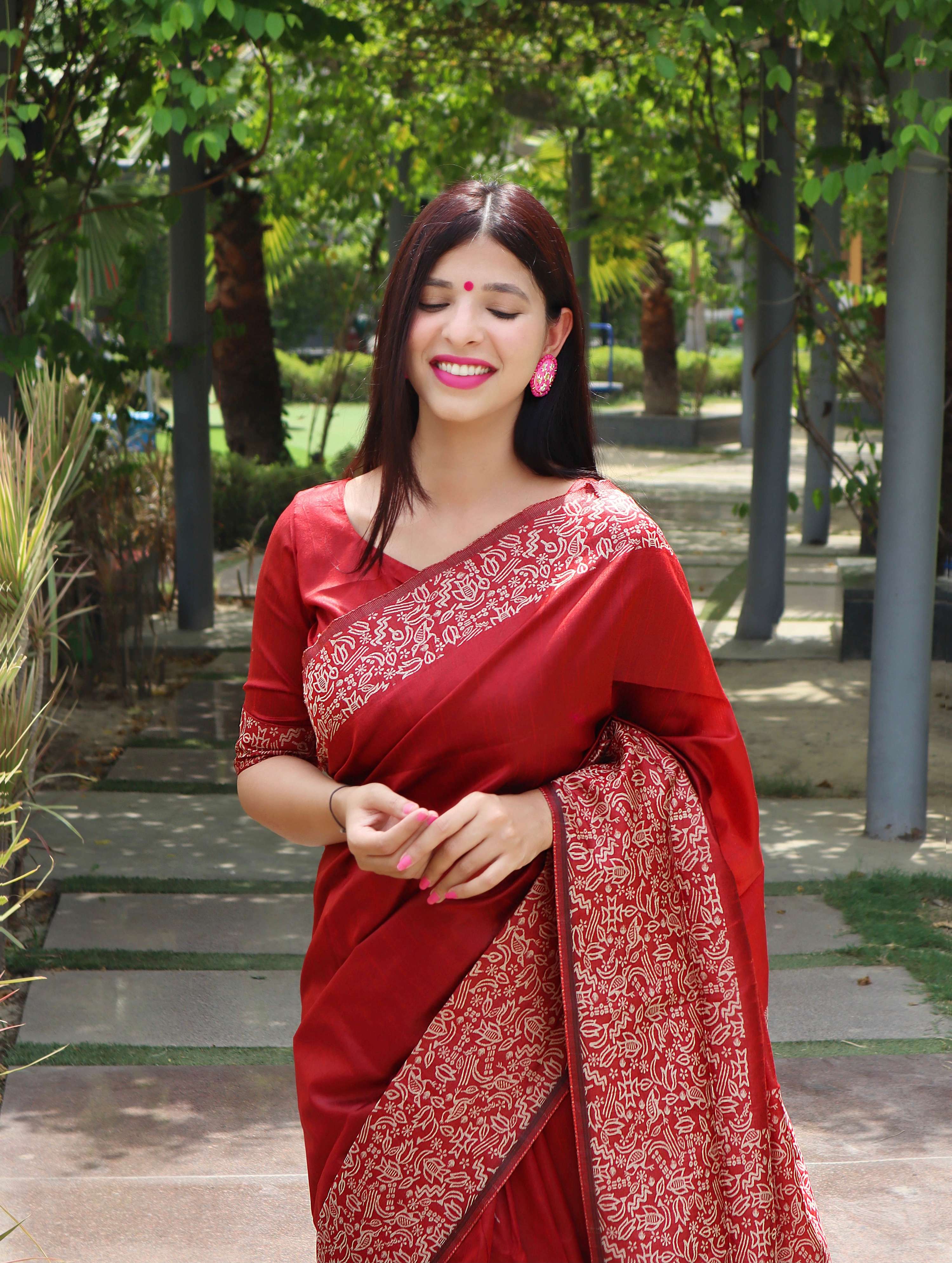 Jyoti Fashion Women's Red Handloom Raw Silk Printed Border Traditional Saree with Blouse