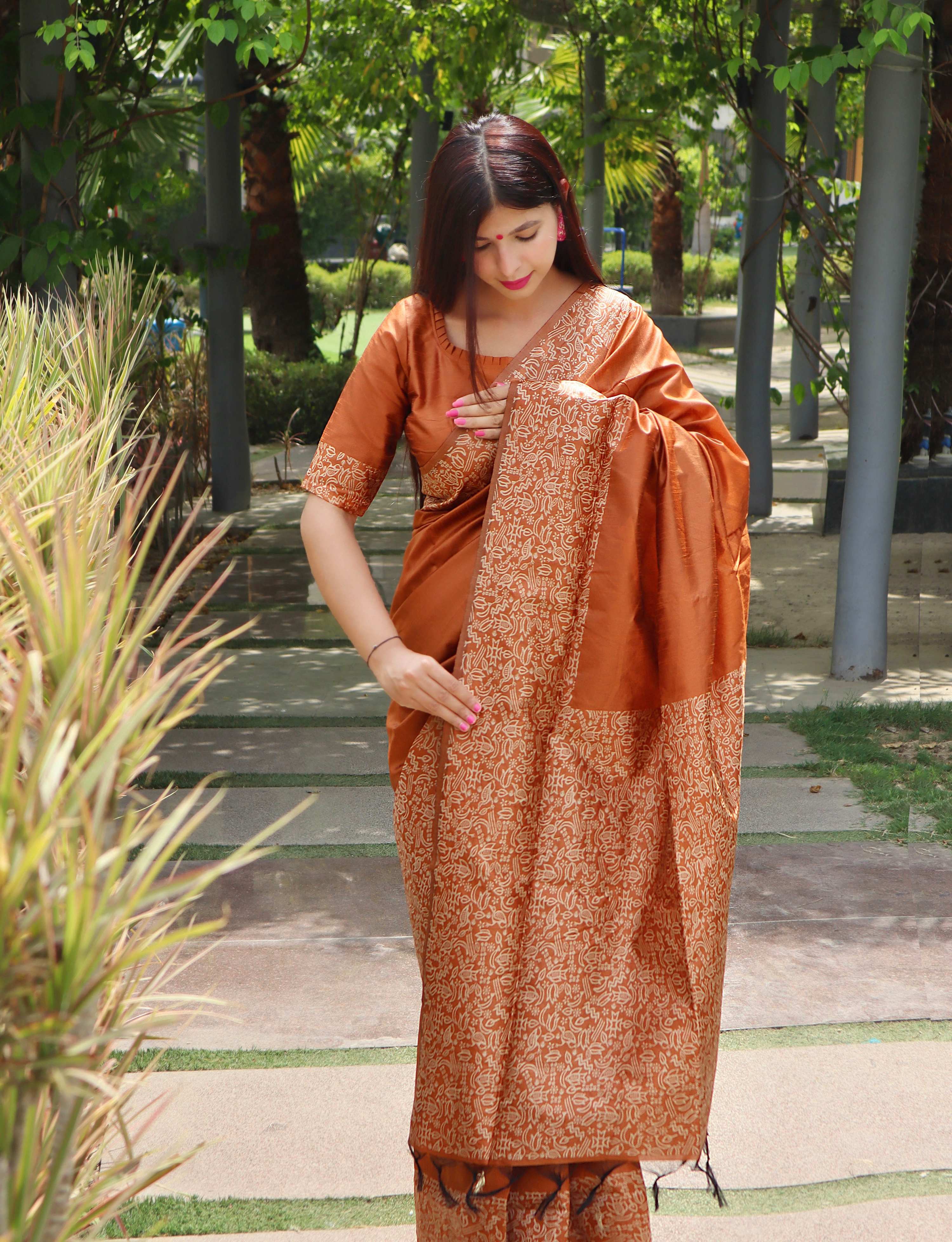 Jyoti Fashion Women's Orange Handloom Raw Silk Printed Border Traditional Saree with Blouse