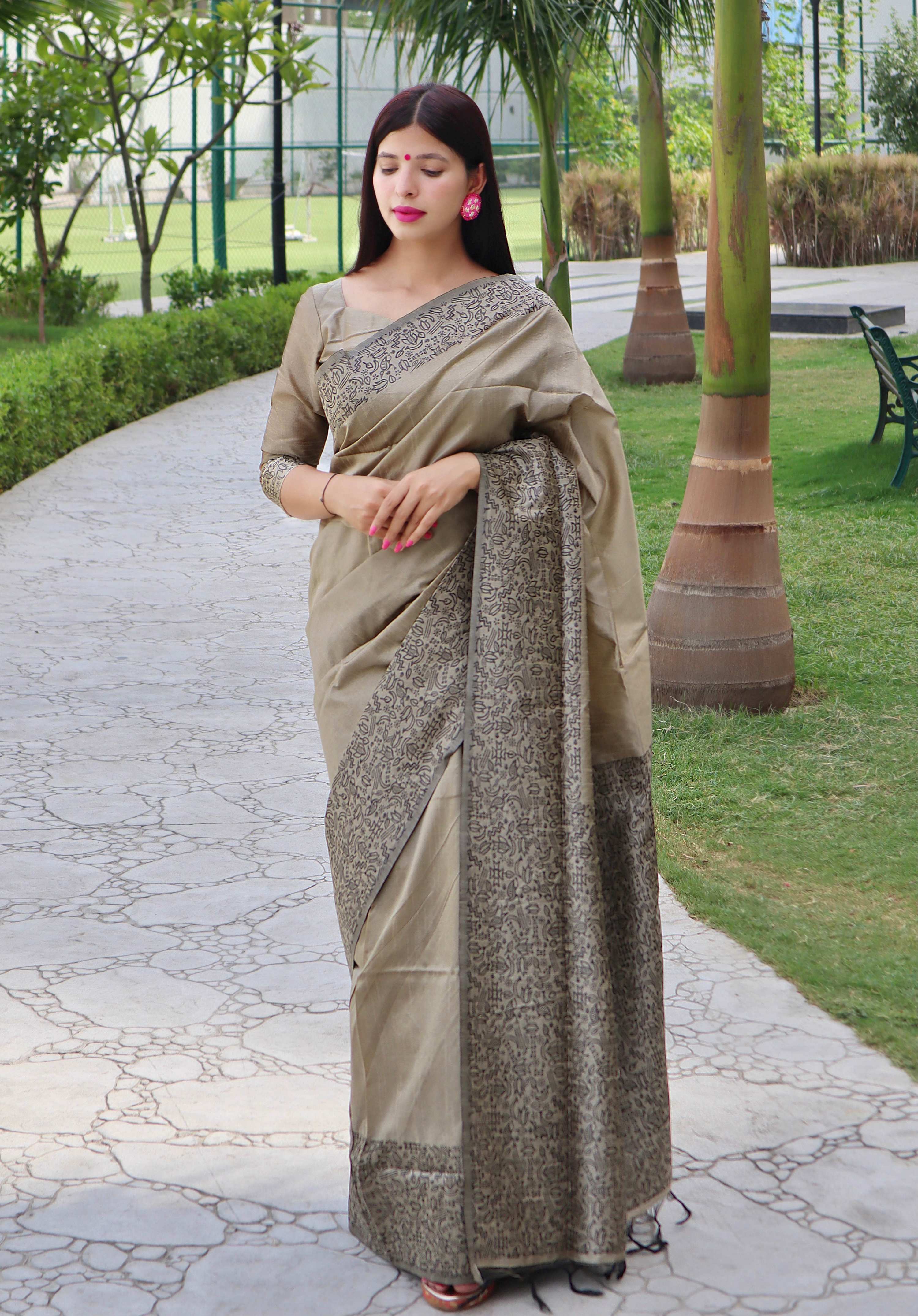 Jyoti Fashion Women's Cream Handloom Raw Silk Printed Border Traditional Saree with Blouse