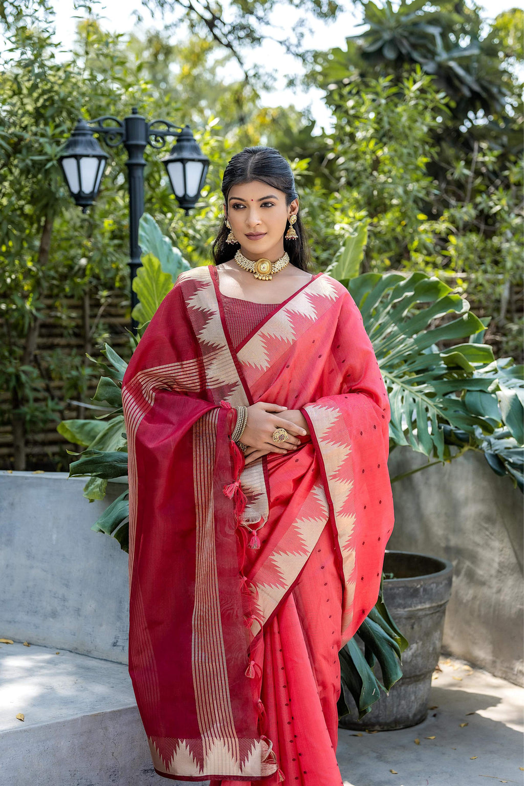 Jyoti Fashion Women's Coral Tussar Silk Temple Border with Zari Lining Traditional Saree with Blouse