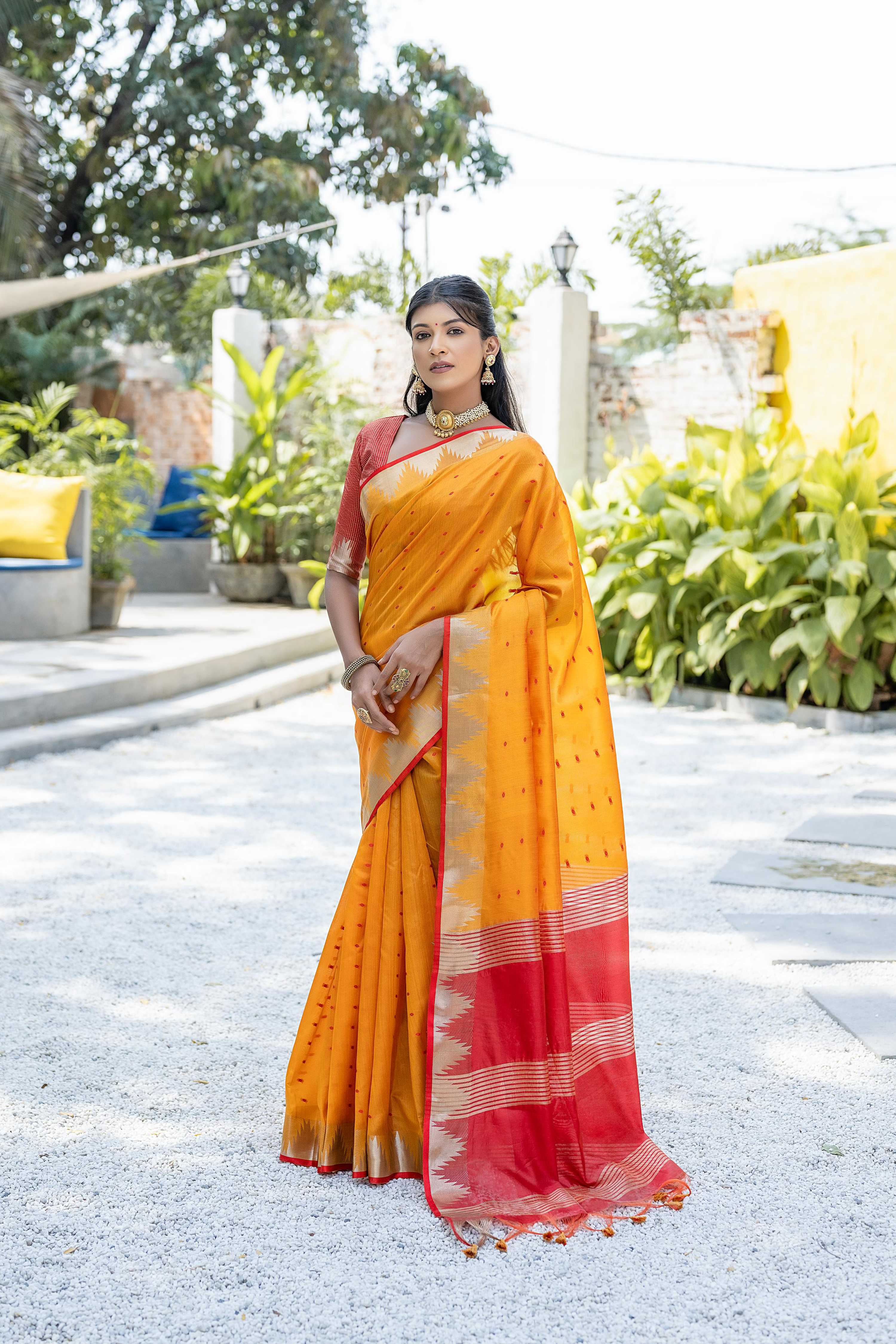 Jyoti Fashion Women's Mustard Tussar Silk Temple Border with Zari Lining Traditional Saree with Blouse