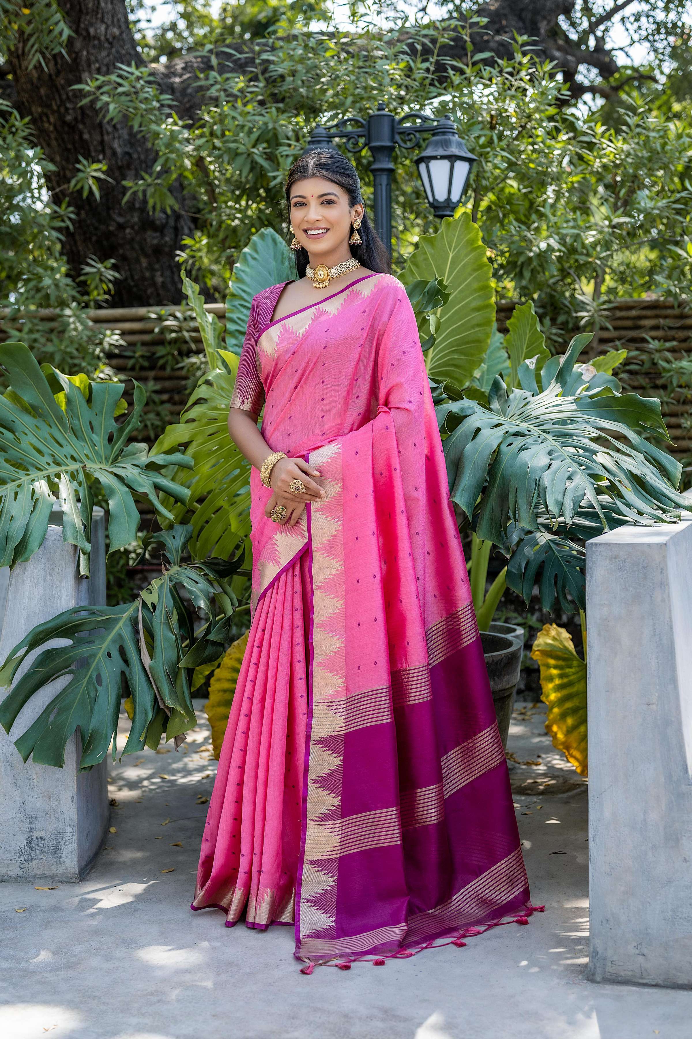 Jyoti Fashion Women's Pink Tussar Silk Temple Border with Zari Lining Traditional Saree with Blouse