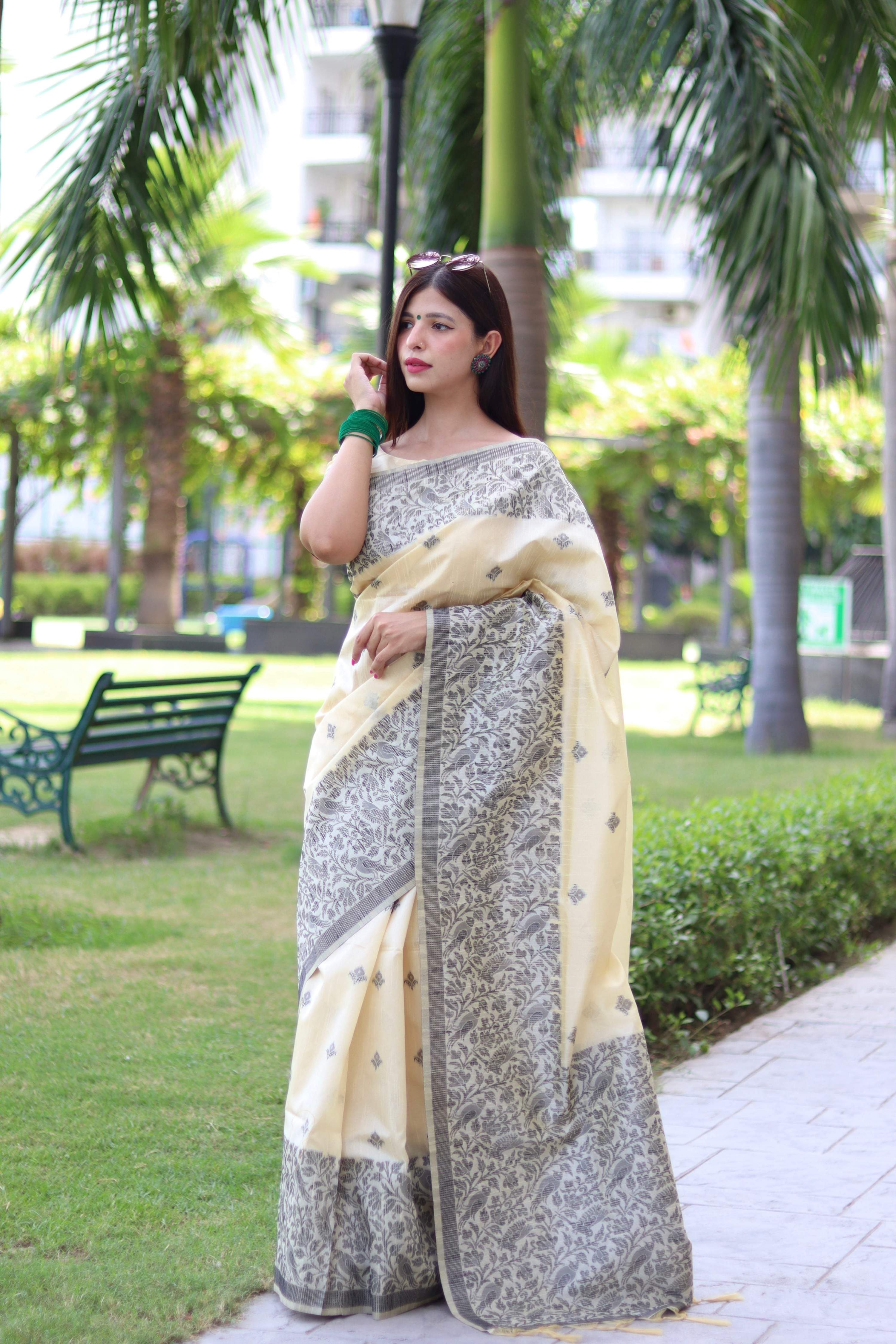 Jyoti Fashion Women's Cream Handloom Raw Silk Weaving Pallu Traditional Saree with Blouse
