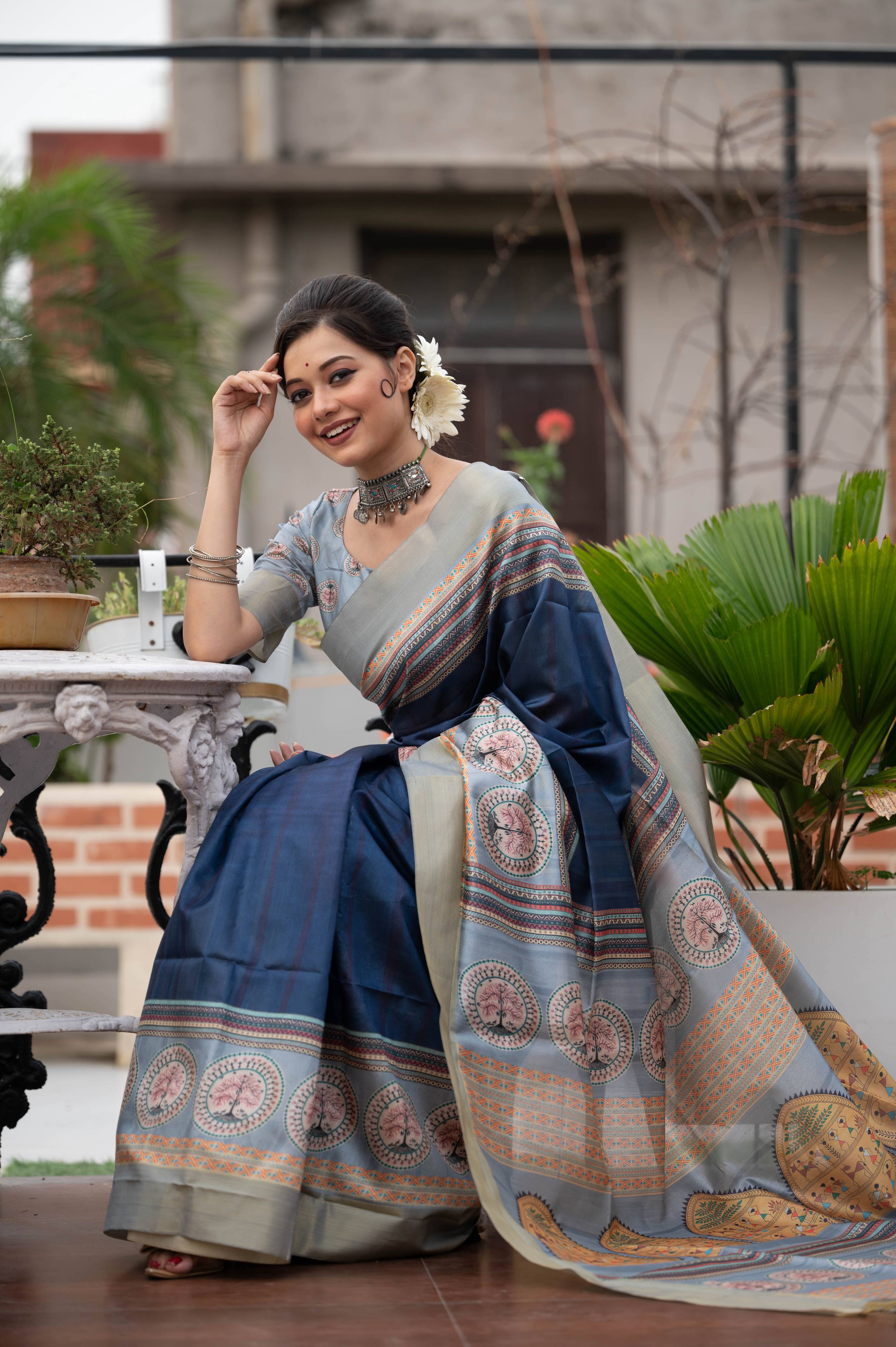 Jyoti Fashion Women's Navy Blue Soft Tussar Silk Traditional Print & Zari Border Saree with Blouse