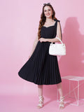 Jyoti Fashion Women's Black Heavy Crepe Crushed Flared Western Dress