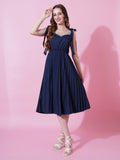 Jyoti Fashion Women's Navy Blue Heavy Crepe Crushed Flared Western Dress
