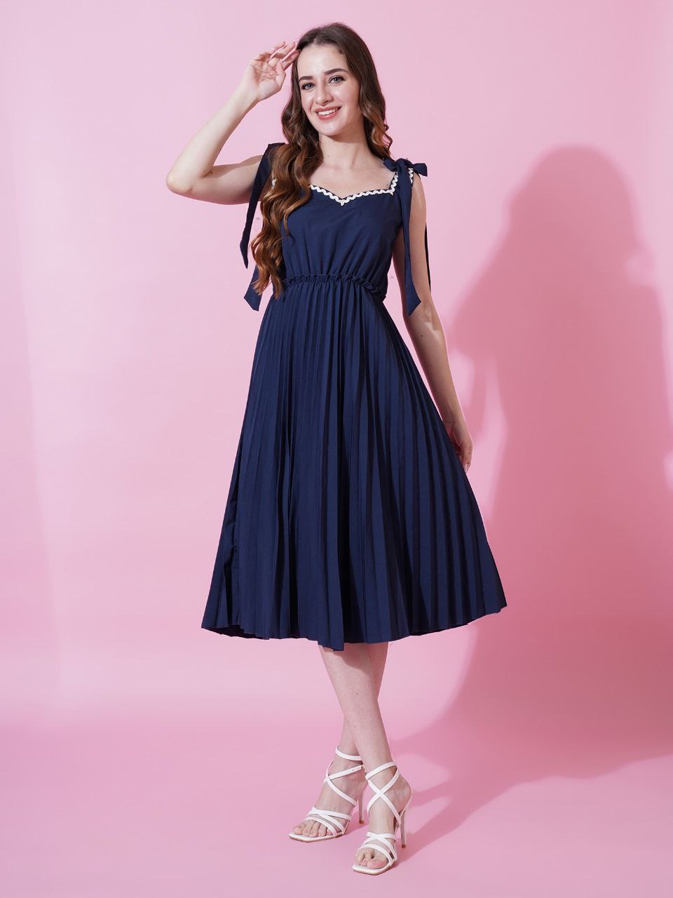 Jyoti Fashion Women's Navy Blue Heavy Crepe Crushed Flared Western Dress