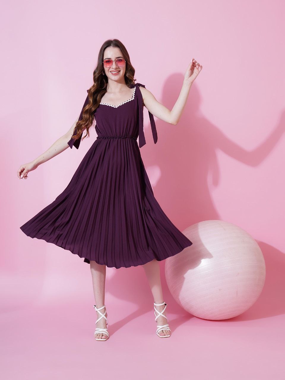 Jyoti Fashion Women's Wine Heavy Crepe Crushed Flared Western Dress
