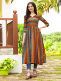 Jyoti Fashion Women's Orange Rayon Geometric Printed Casual Flared kurta