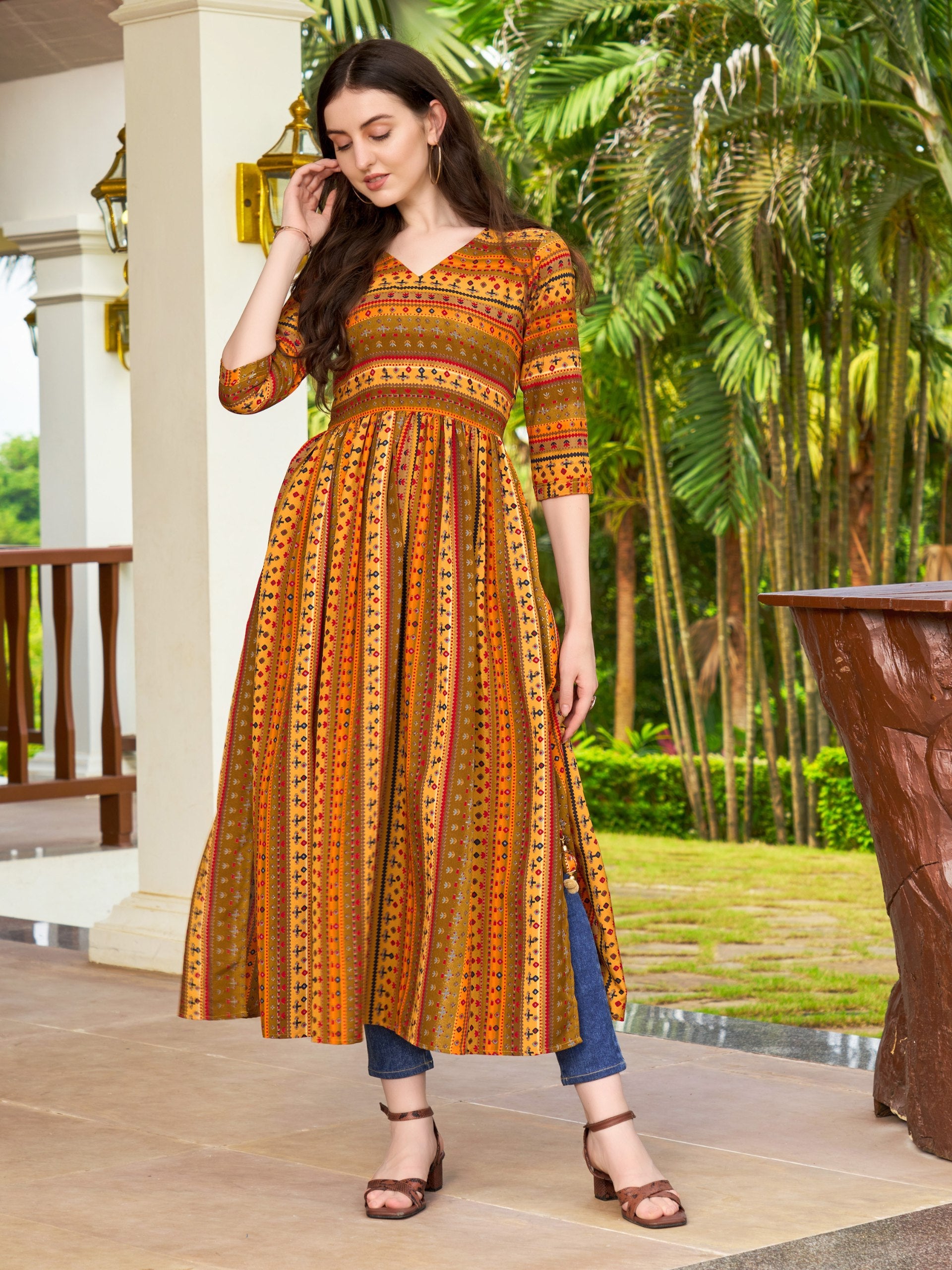 Jyoti Fashion Women's Yellow Rayon Geometric Printed Casual Flared kurta