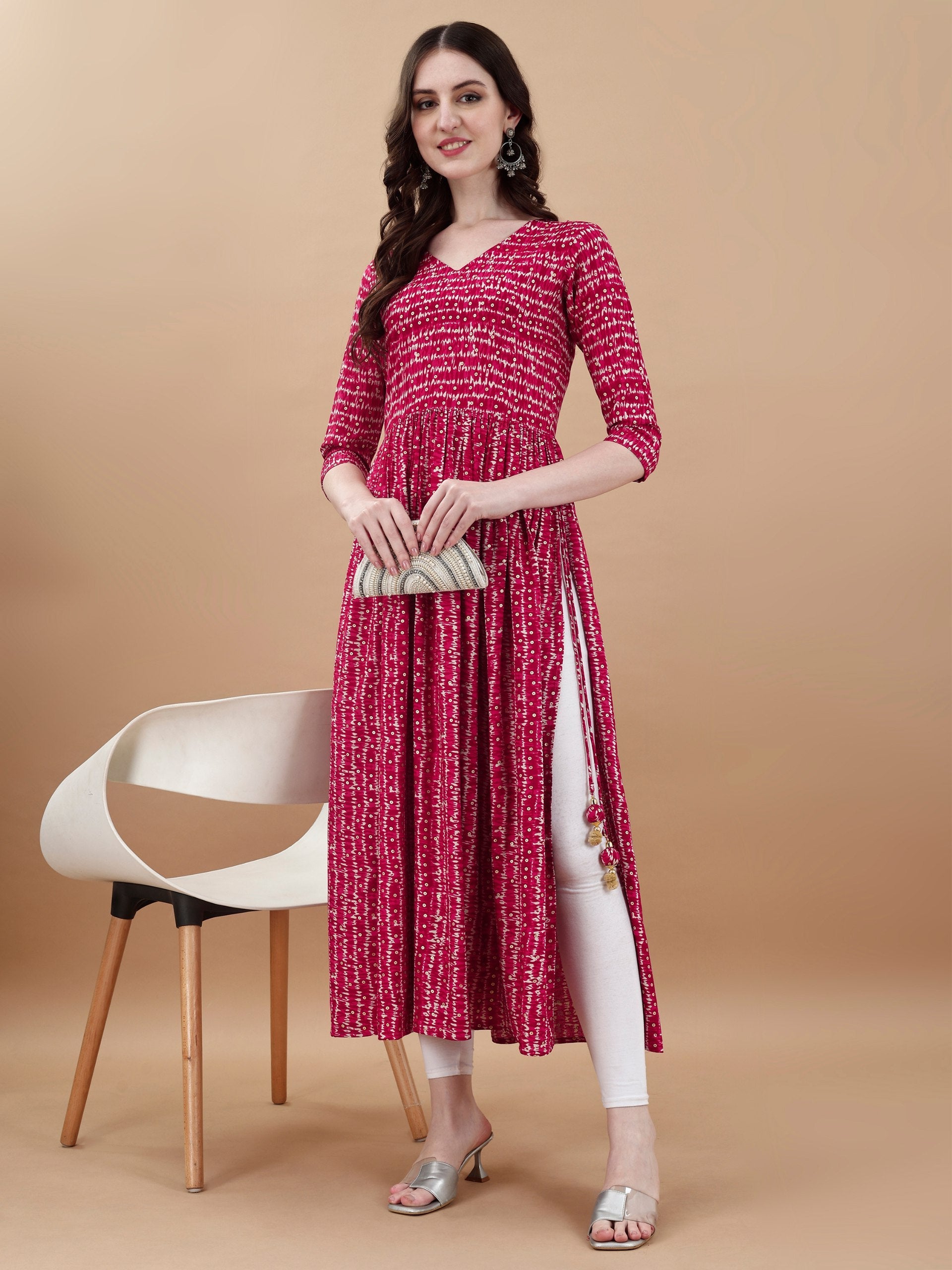 Jyoti Fashion Women's Rani Pink Rayon Bandhani Printed Casual Flared kurta