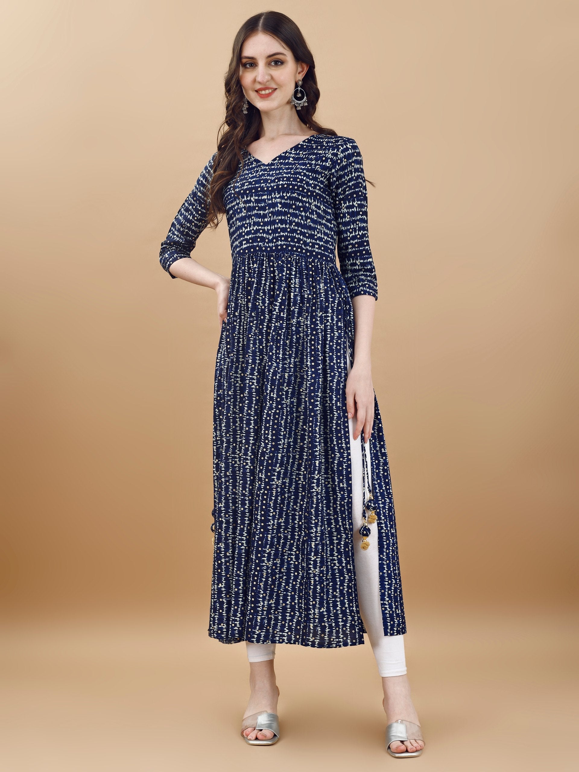 Jyoti Fashion Women's Navy Blue Rayon Bandhani Printed Casual Flared kurta