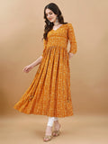 Jyoti Fashion Women's Mustard Rayon Bandhani Printed Casual Flared kurta