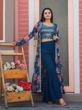 Jyoti Fashion Women's Teal Blue Georgette Sequins Choli with Printed Shrug & Sharara Set
