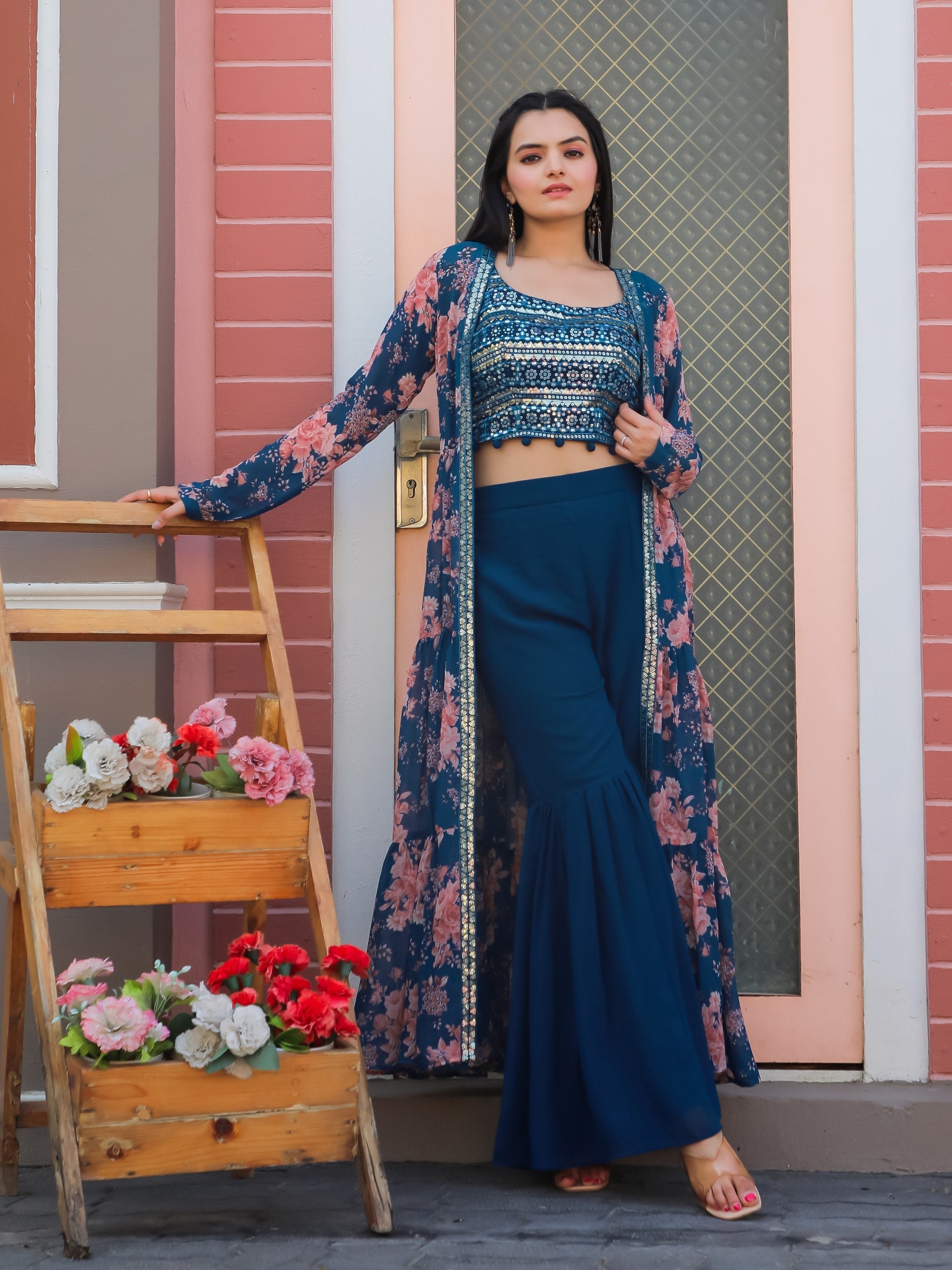 Jyoti Fashion Women's Teal Blue Georgette Sequins Choli with Printed Shrug & Sharara Set