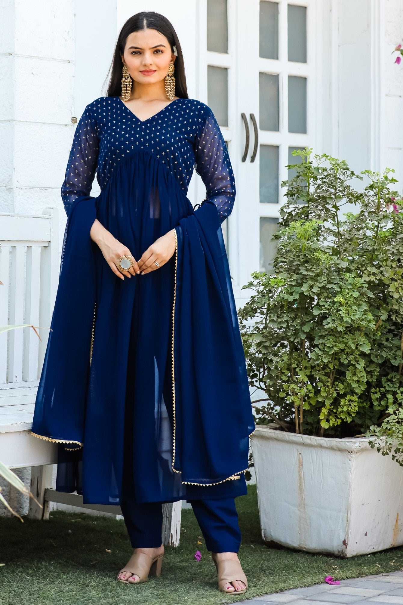 Jyoti Fashion Women's Blue Georgette Foil Printed Kurta Set with Dupatta