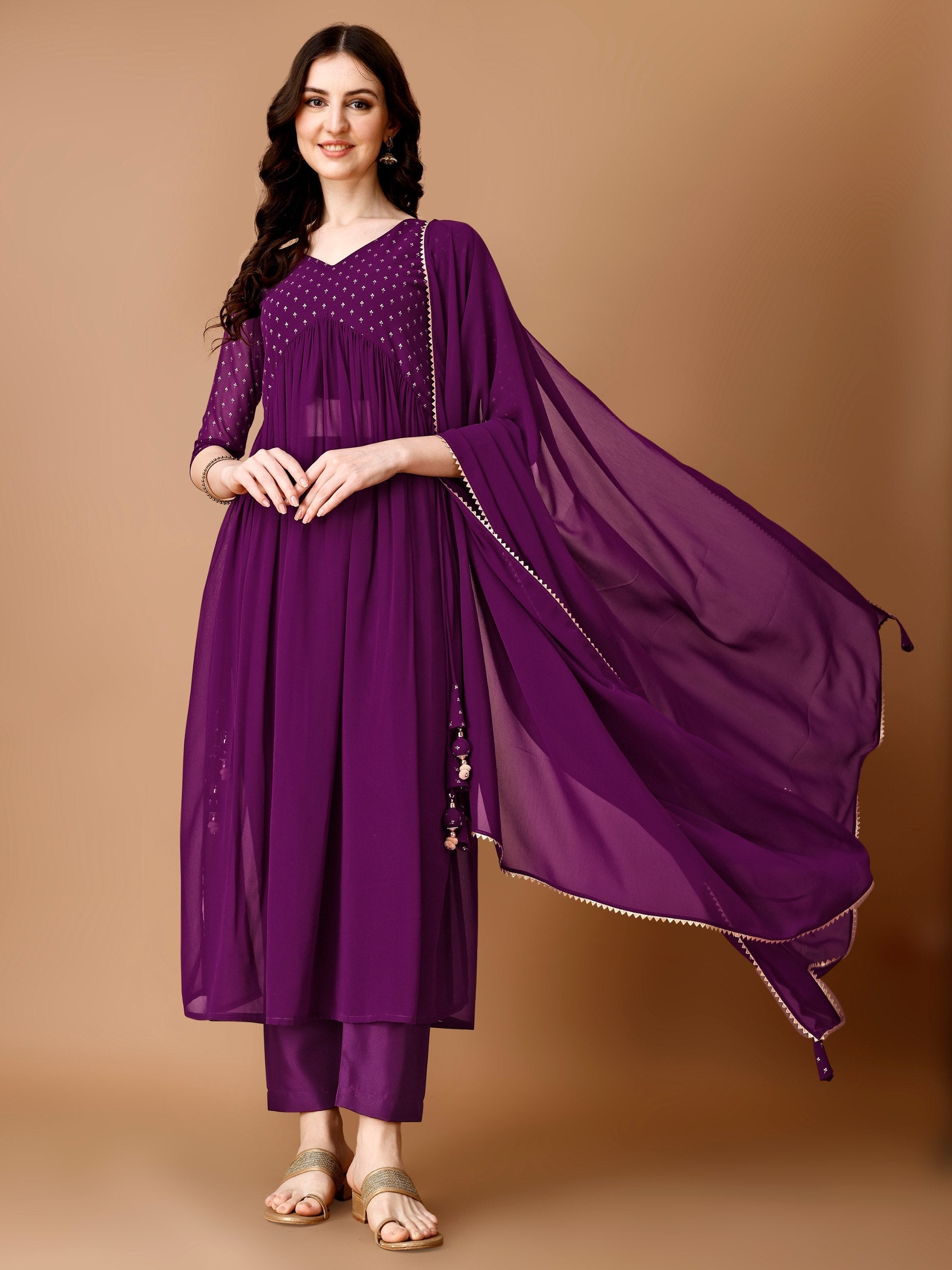 Jyoti Fashion Women's Wine Georgette Foil Printed Kurta Set with Dupatta