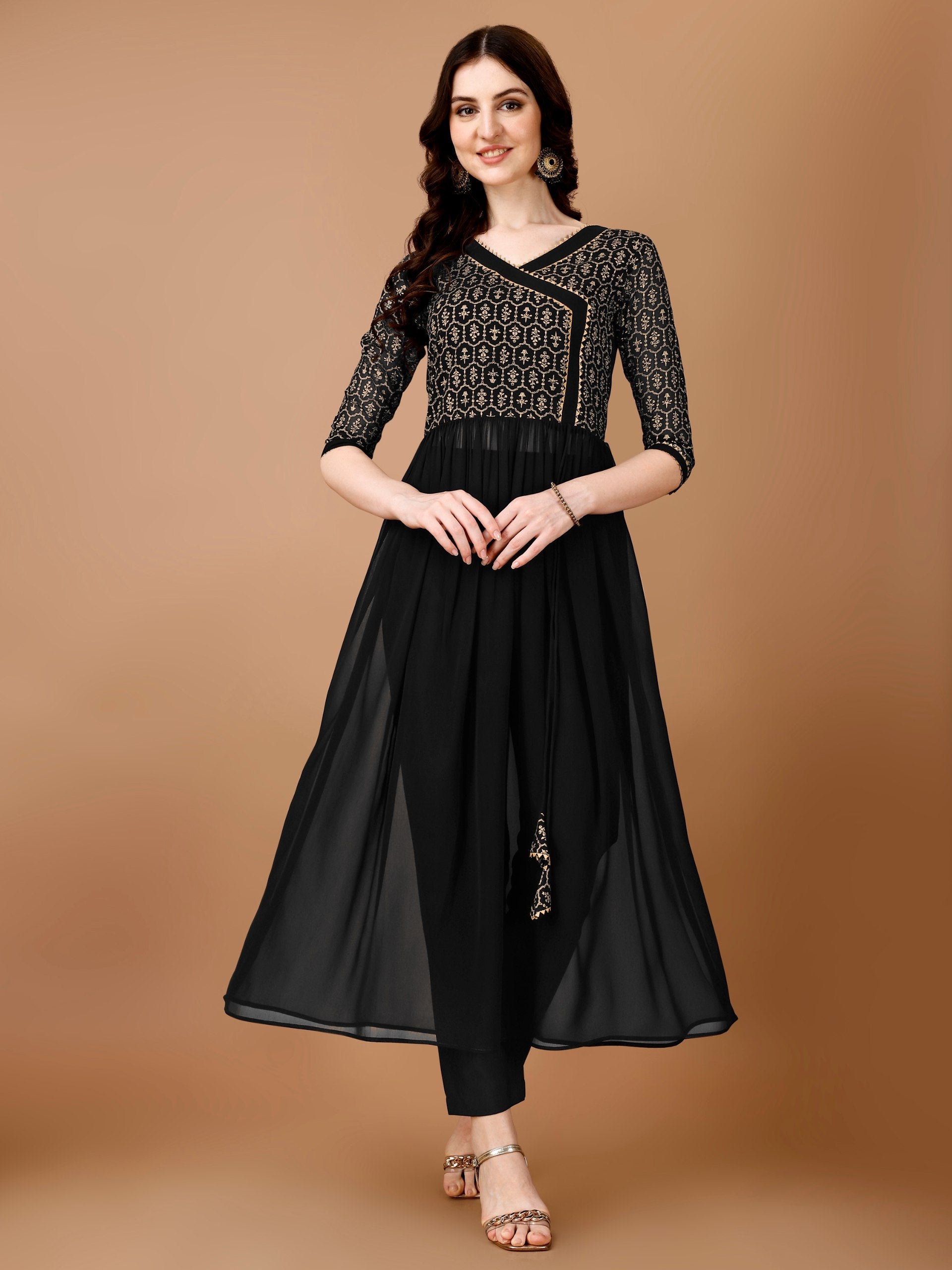 Jyoti Fashion Women's Black Georgette Foil Printed Kurta Set with Dupatta