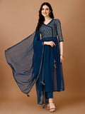 Jyoti Fashion Women's Teal Blue Georgette Foil Printed Kurta Set with Dupatta