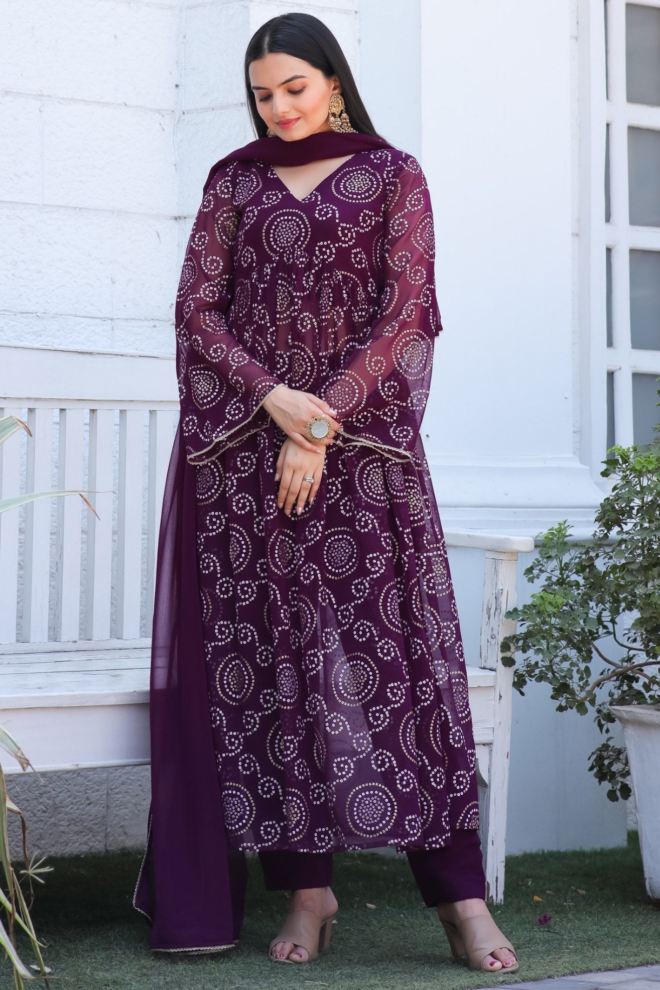 Jyoti Fashion Women's Wine Georgette Bandhani Print Kurta Set with Dupatta