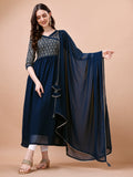 Jyoti Fashion Women's Navy Blue Georgette Foil Printed Gown with Dupatta Set