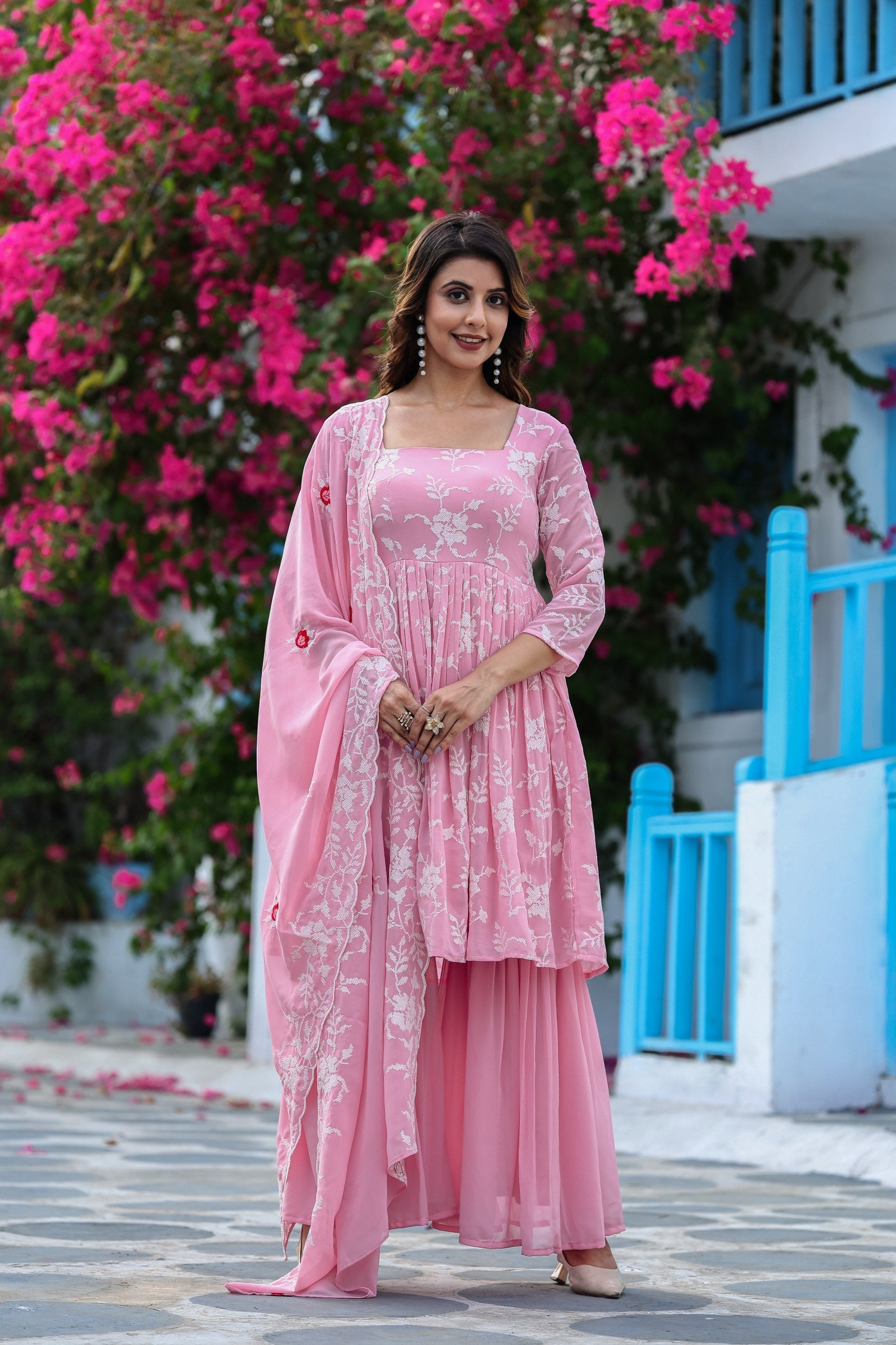 Jyoti Fashion Women's Baby Pink Faux Georgette Resham Embroidered Peplum Sharara Set