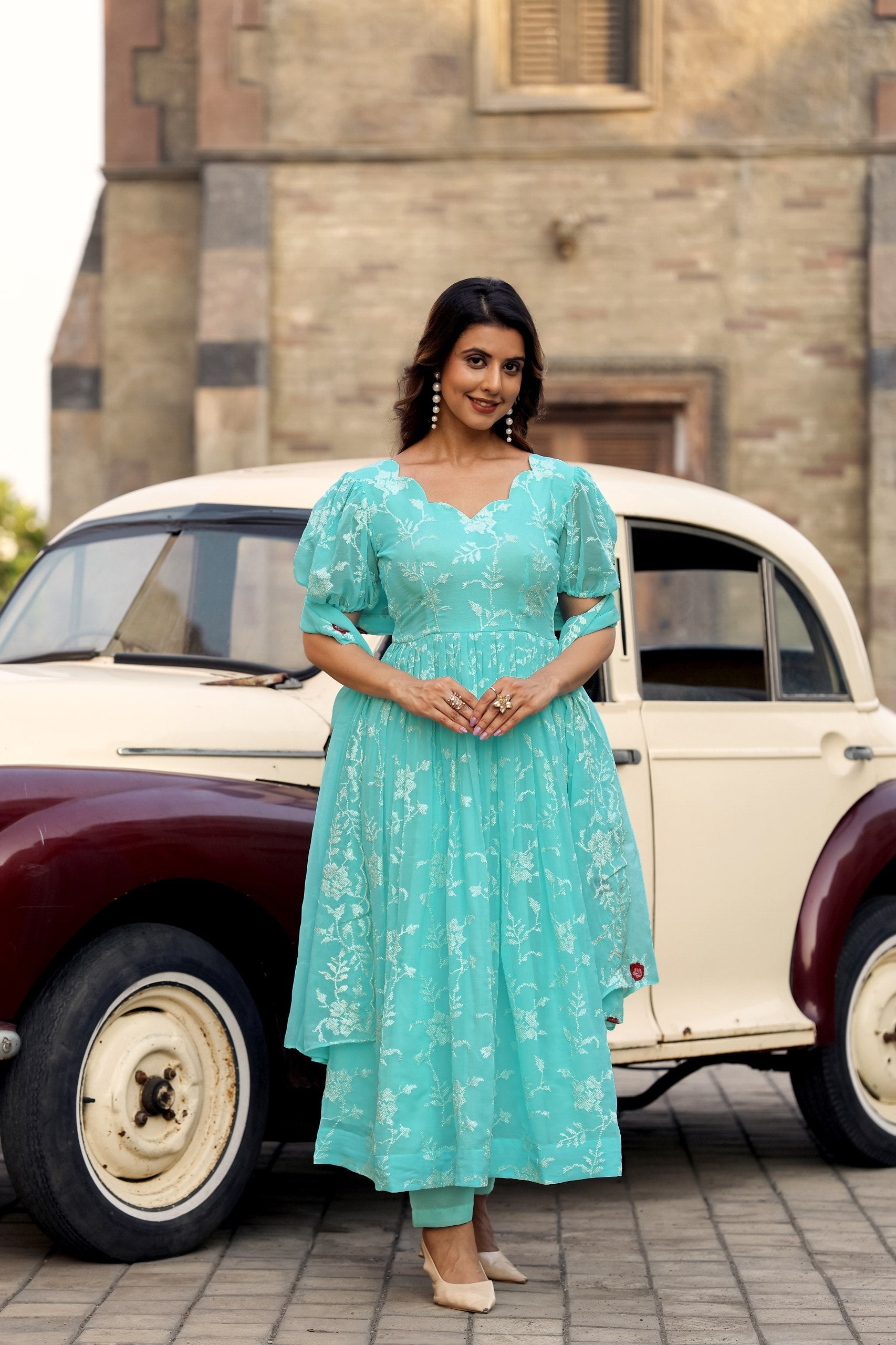 Jyoti Fashion Women's Sky Blue Faux Georgette Resham Embroidered Kurta Set with Dupatta