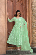 Jyoti Fashion Women's Pista Green Faux Georgette Resham Embroidered Kurta Set with Dupatta