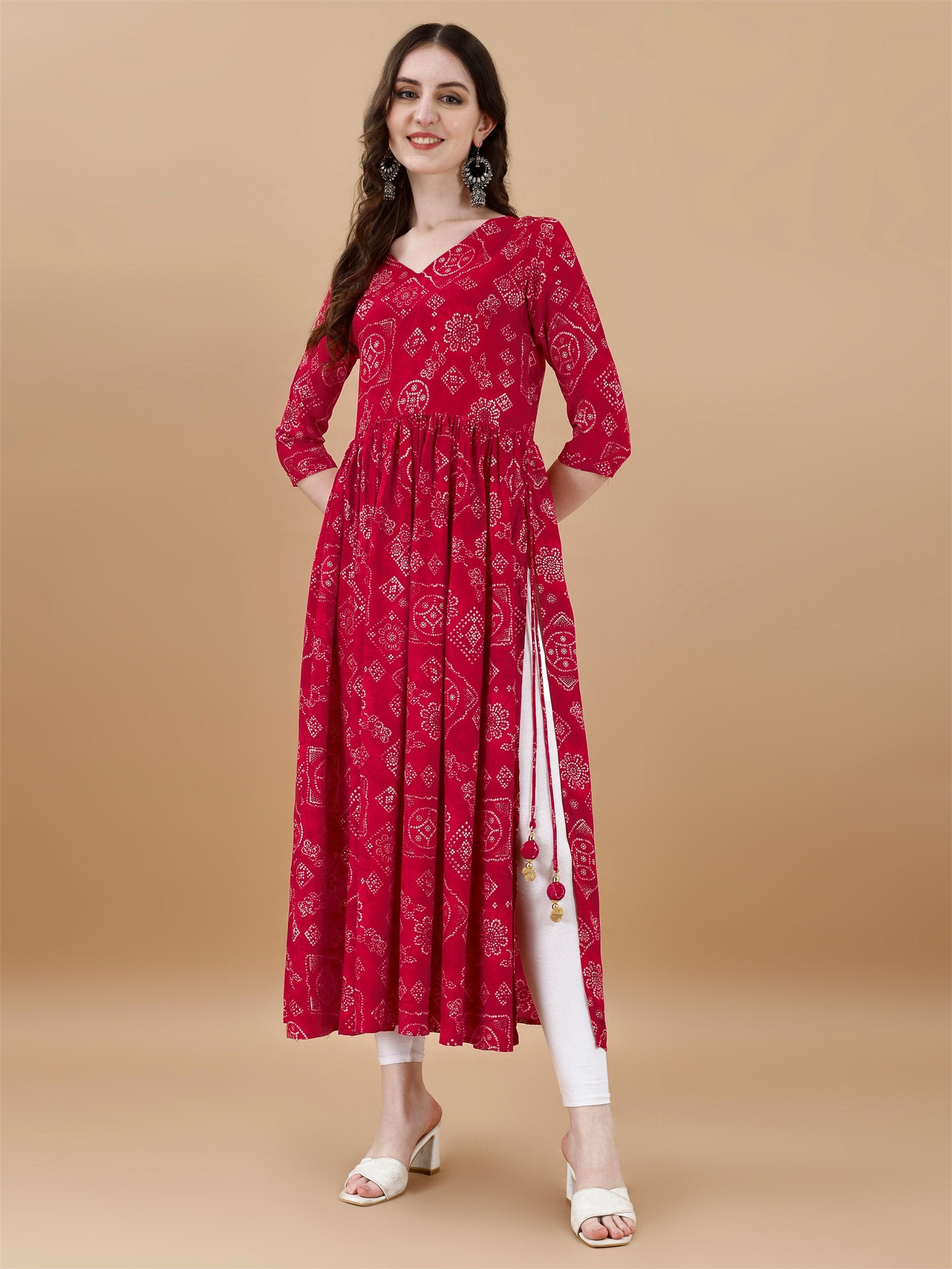 Jyoti Fashion Women's Rani Pink Rayon Bandhani Printed Casual Flared kurta