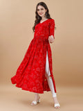 Jyoti Fashion Women's Red Rayon Bandhani Printed Casual Flared kurta