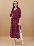 Jyoti Fashion Women's Wine Rayon Bandhani Printed Casual Flared kurta