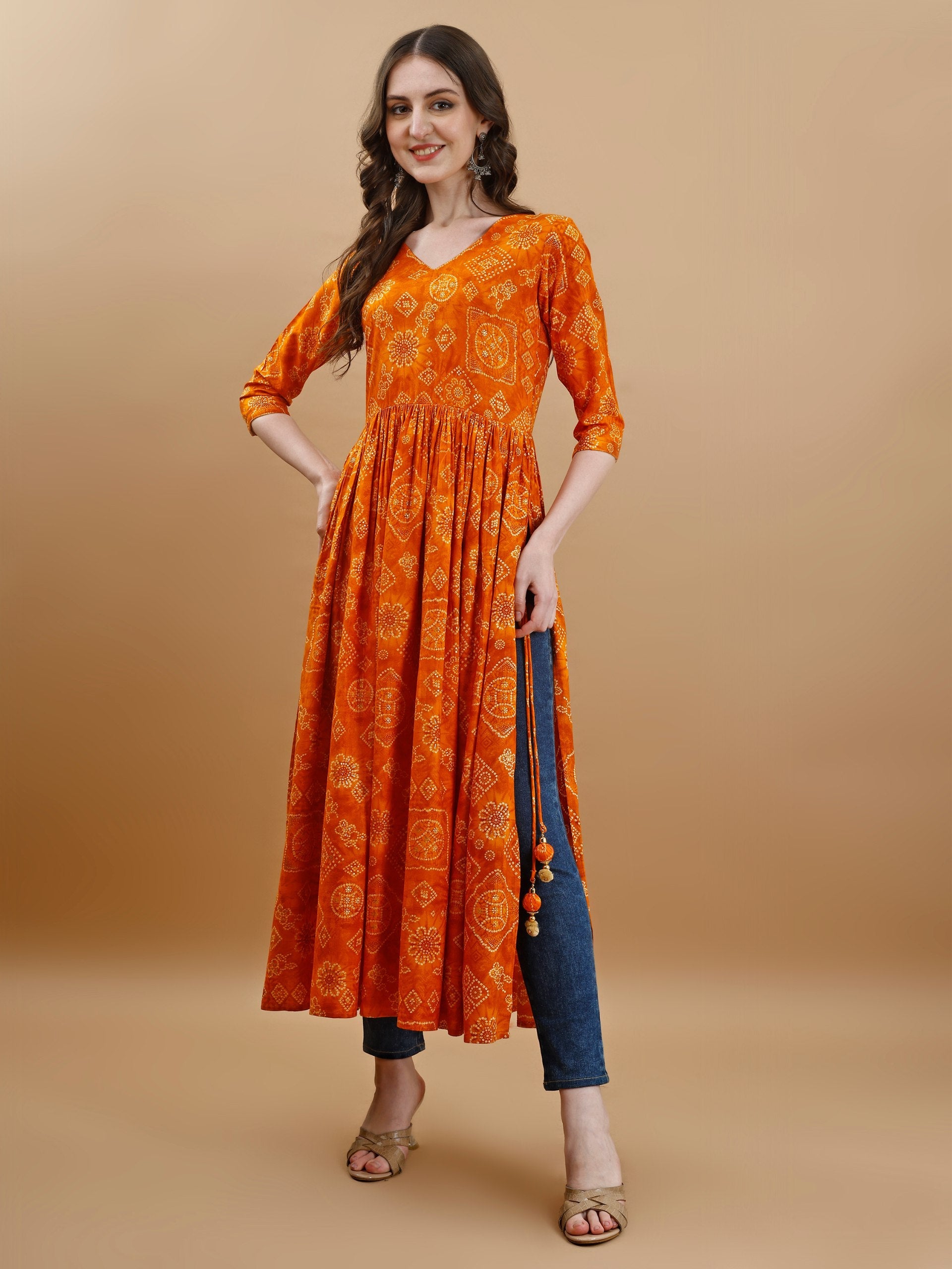 Jyoti Fashion Women's Mustard Rayon Bandhani Printed Casual Flared kurta