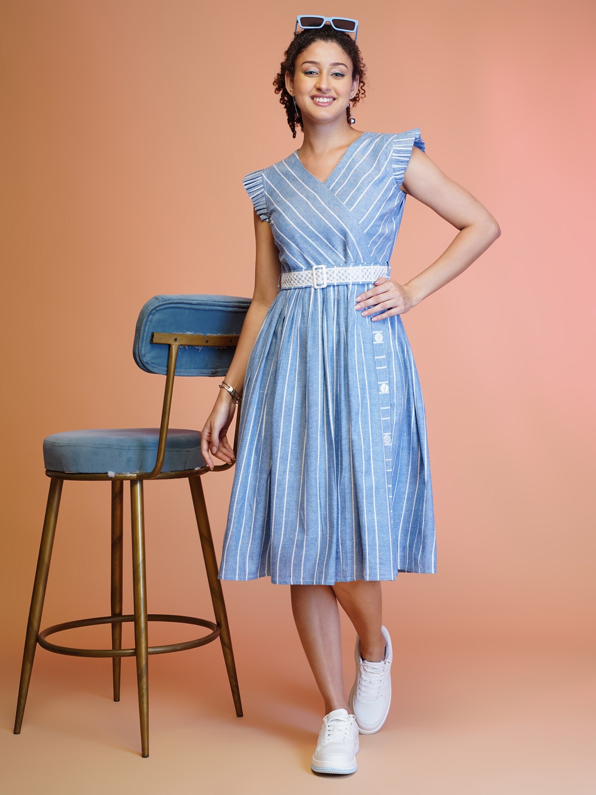 Jyoti Fashion Women's Blue Cotton Striped with Embroidered Belt Western Midi Dress