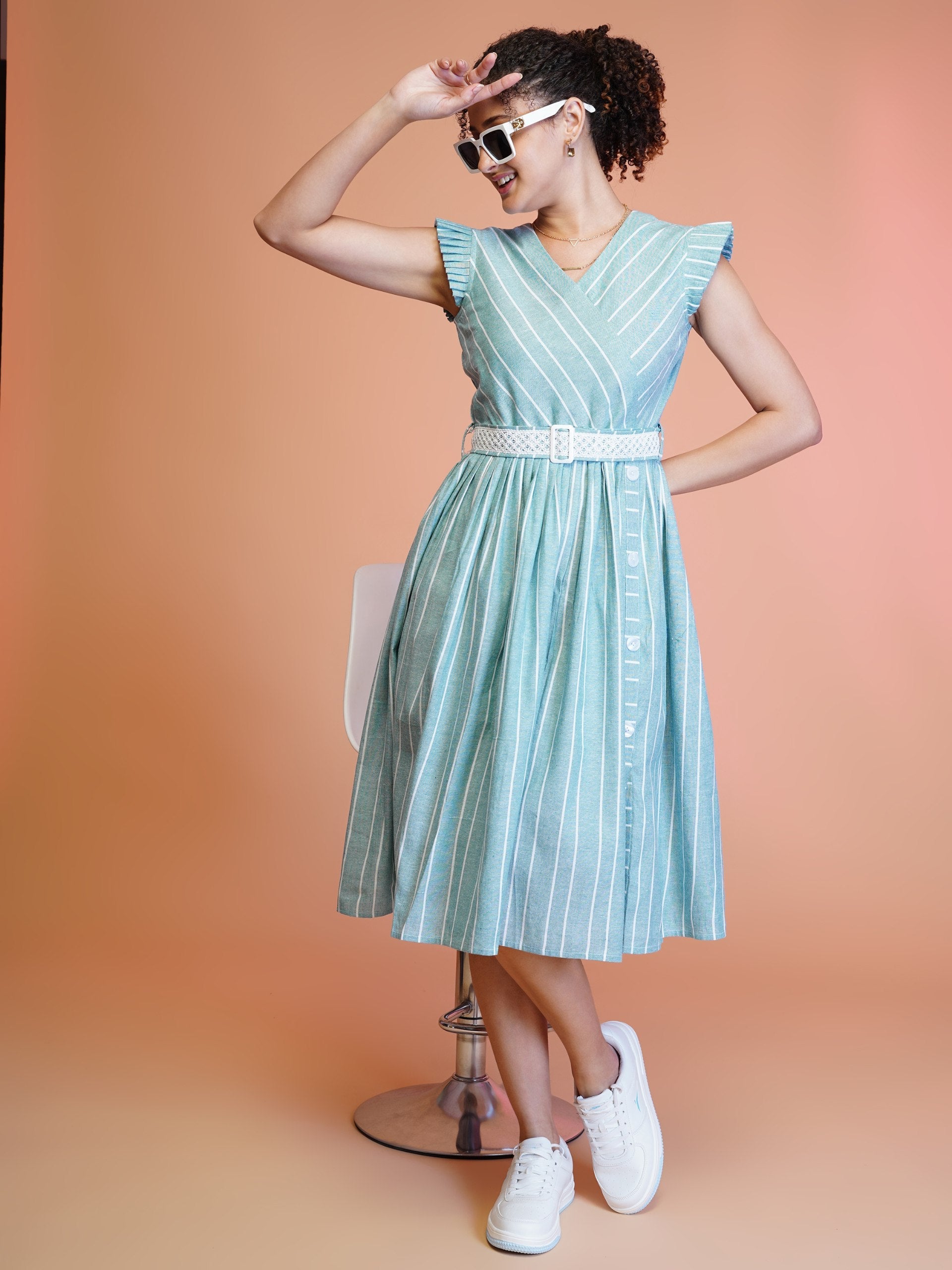 Jyoti Fashion Women's Sea Green Cotton Striped with Embroidered Belt Western Midi Dress