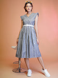 Jyoti Fashion Women's Grey Cotton Striped with Embroidered Belt Western Midi Dress