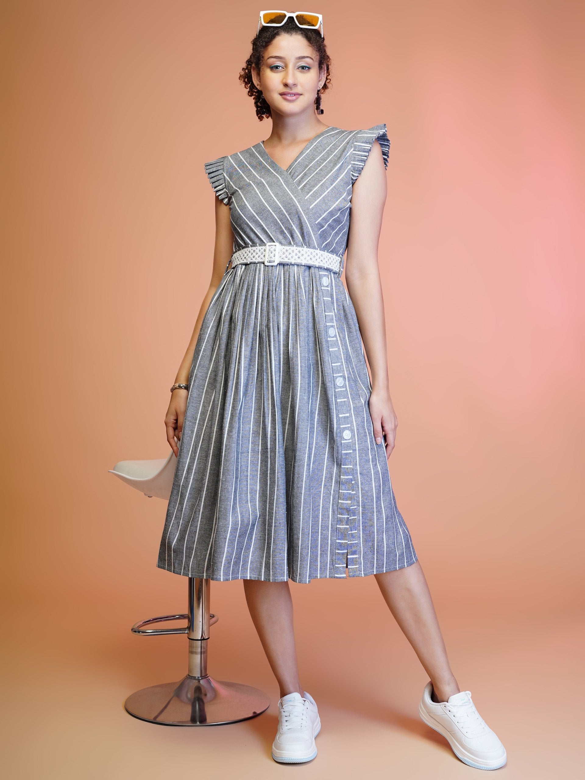Jyoti Fashion Women's Grey Cotton Striped with Embroidered Belt Western Midi Dress