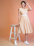 Jyoti Fashion Women's Orange Cotton Striped with Embroidered Belt Western Midi Dress