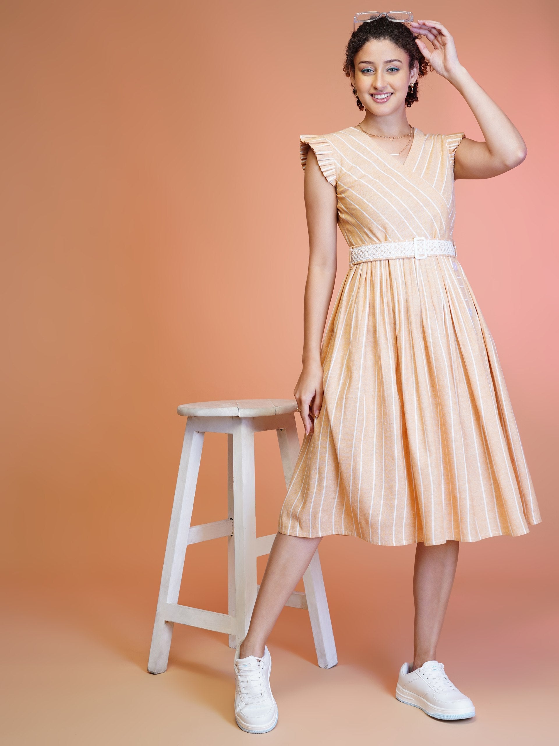 Jyoti Fashion Women's Orange Cotton Striped with Embroidered Belt Western Midi Dress
