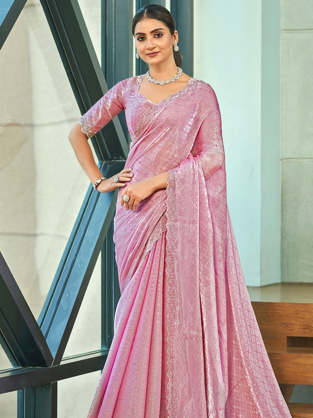 Jyoti Fashion Women's Pink Silk Blend Embellished Border with Beads & Crystal Cutwork Saree with Blouse