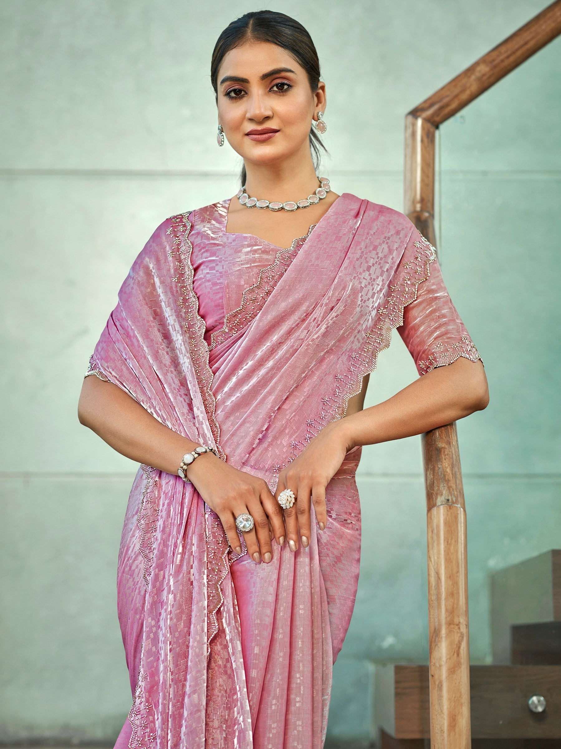 Jyoti Fashion Women's Pink Silk Blend Embellished Border with Beads & Crystal Cutwork Saree with Blouse