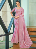 Jyoti Fashion Women's Pink Silk Blend Embellished Border with Beads & Crystal Cutwork Saree with Blouse