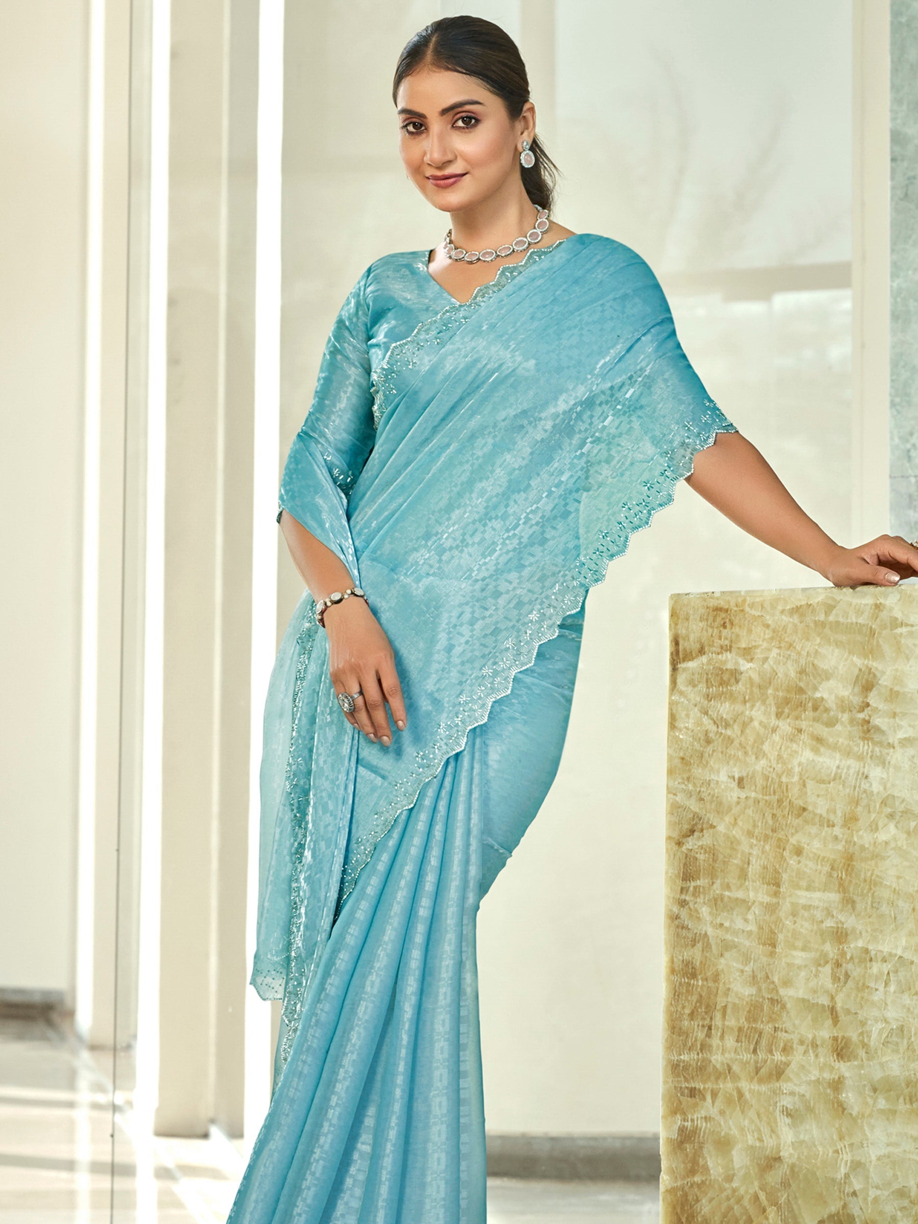 Jyoti Fashion Women's Sky Blue Silk Blend Embellished Border with Beads & Crystal Cutwork Saree with Blouse