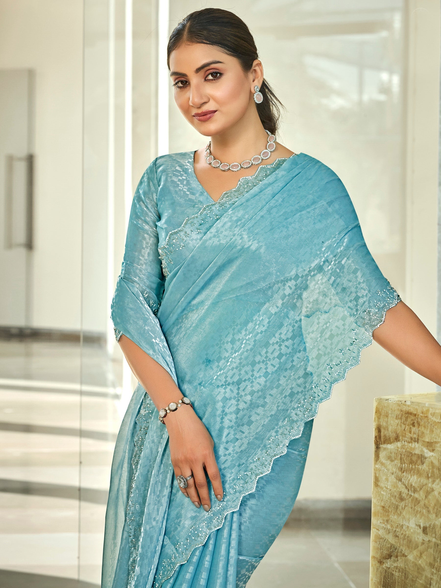 Jyoti Fashion Women's Sky Blue Silk Blend Embellished Border with Beads & Crystal Cutwork Saree with Blouse