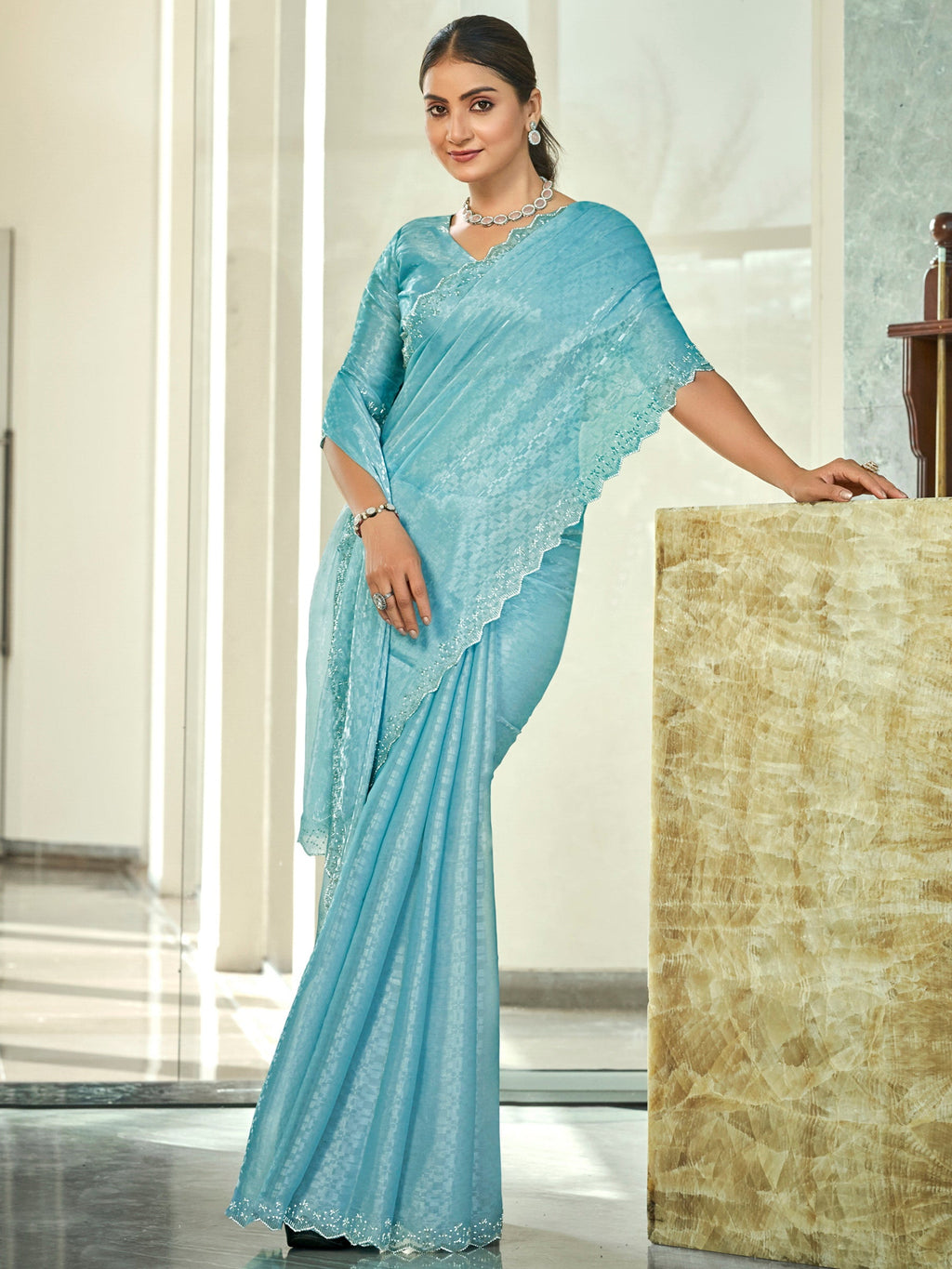 Jyoti Fashion Women's Sky Blue Silk Blend Embellished Border with Beads & Crystal Cutwork Saree with Blouse